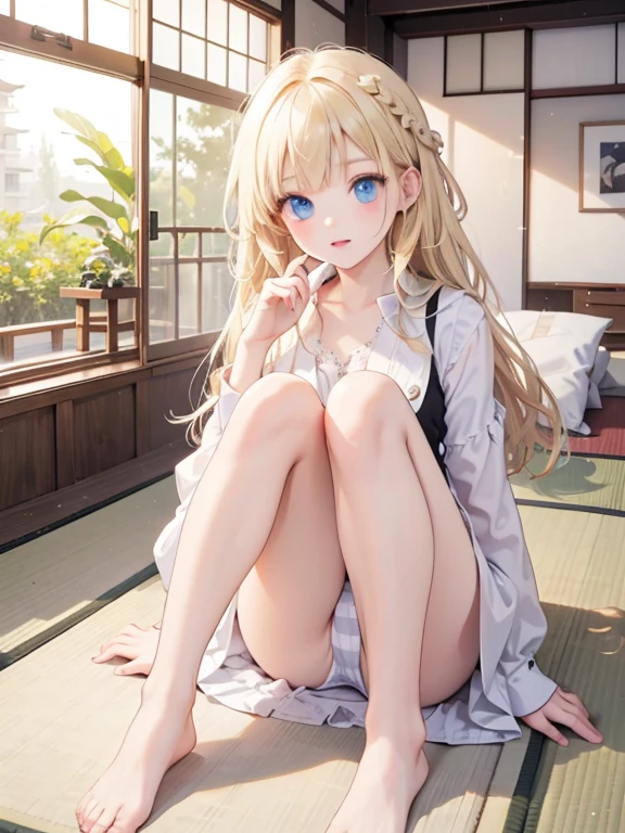 masterpiece, highest quality, Very detailed, 16k, Ultra-high resolution、One 12-year-old girl, Detailed face、Perfect Fingers, blue eyes, Blonde, Braid, Striped panties, White blouse, Black vest, Japanese-style room, Tatami room, Japanese cushion, sit with your legs slightly open