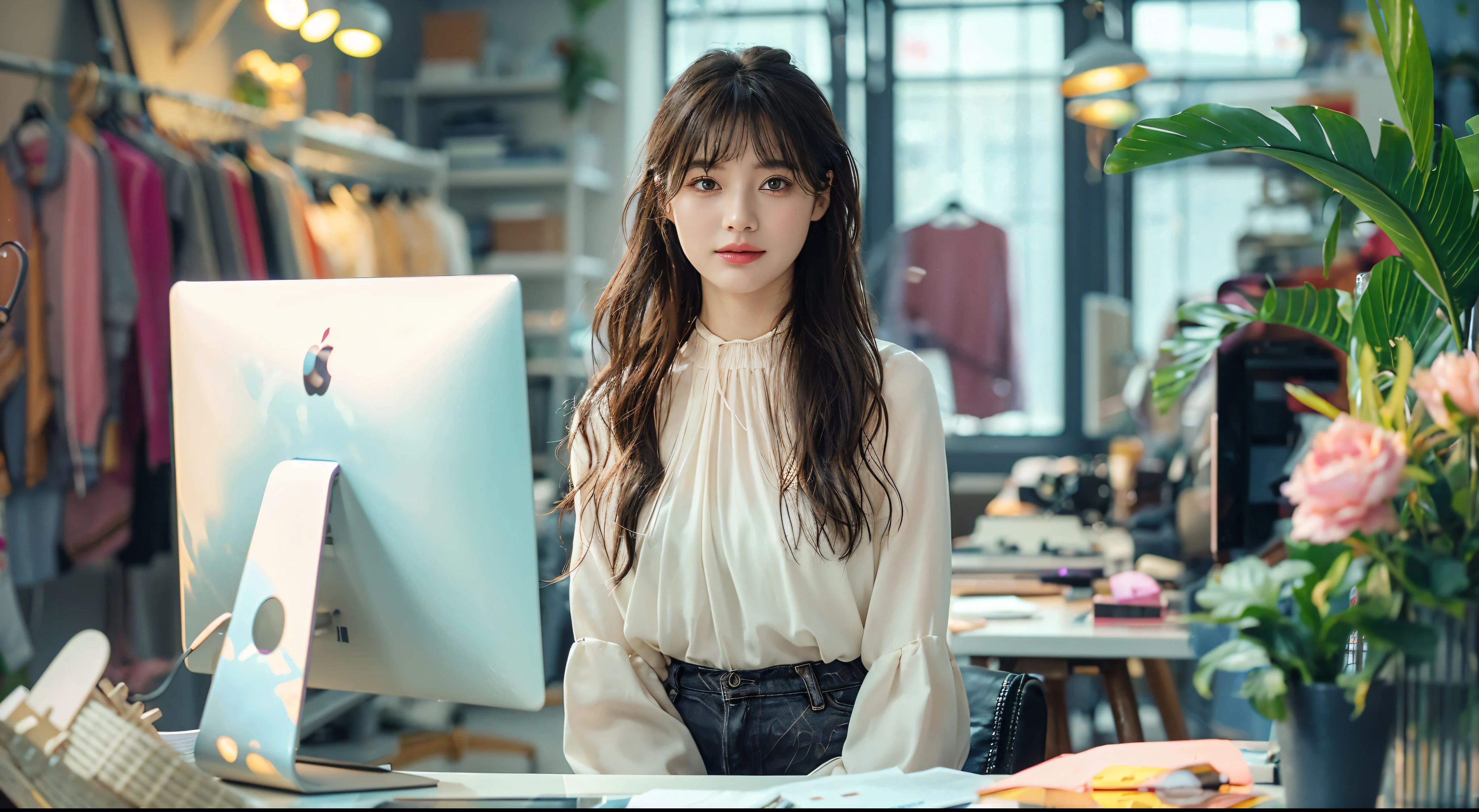 Fashion blogger,background: Stylish office, newsroom, Editing copy,Computer Desk, vibrant scene,technology, Information Age
