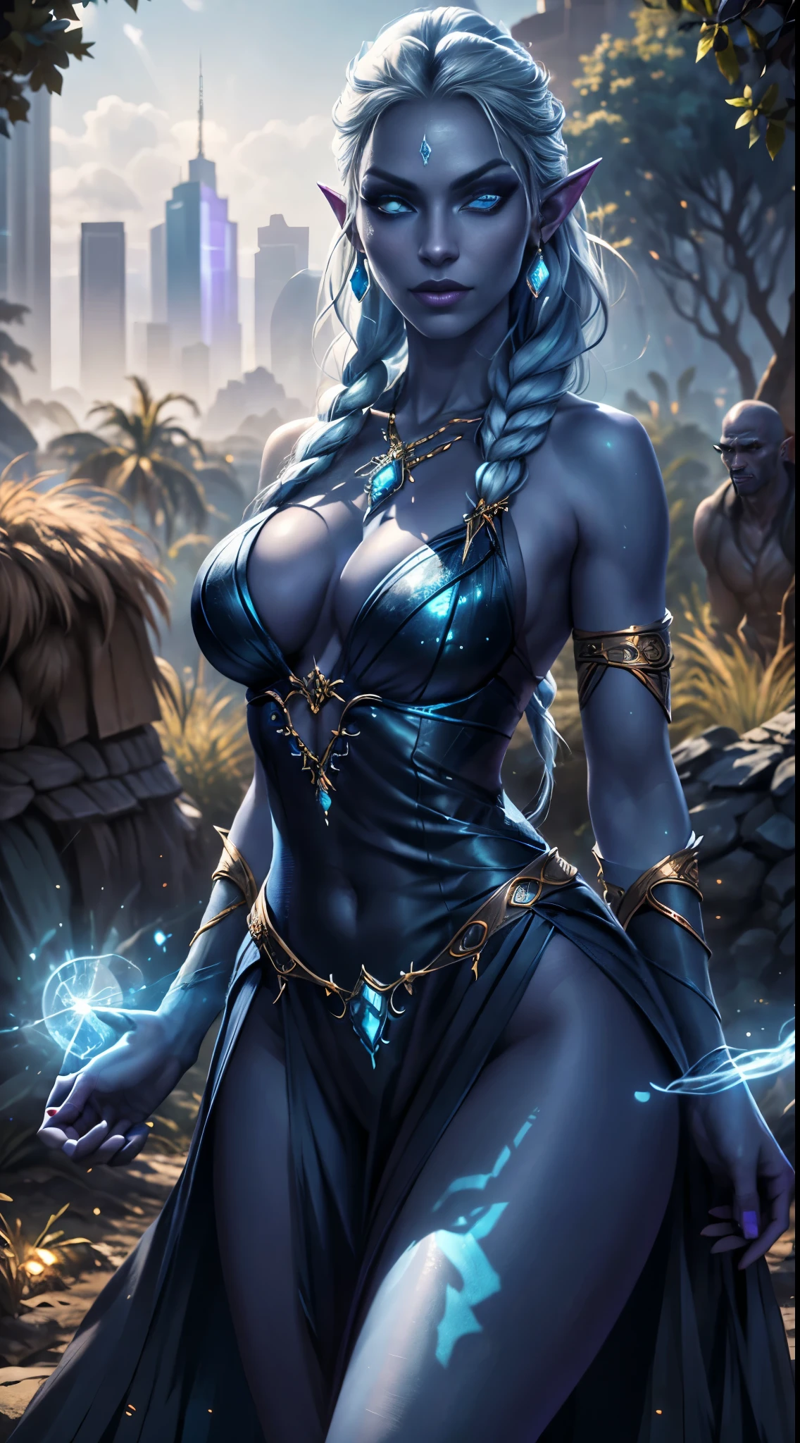 1girl, drow sexy, pele roxo-azul escura, long and elaborate braids of pale silver, ((Olhos vermelhos)), jewelries, orelhas de elfo, brincos, ((vestido sexy feiticeira branca)), ((maneja a equipe)), ((Cast light magic)), on a roof of skyscrapers, atletic, Volumetric lighting, best quality, master part, Realistic, anatomicamente correto, (Strong cinematic lighting), detalhes impressionantes, detalhes intrincados, 8K post-production, high resolution, super detalhes, trending on ArtStation, sharp focus, profundidade de campo f/1.8, studio photos, (((Looking at camera))), game street figther, Warcraft,