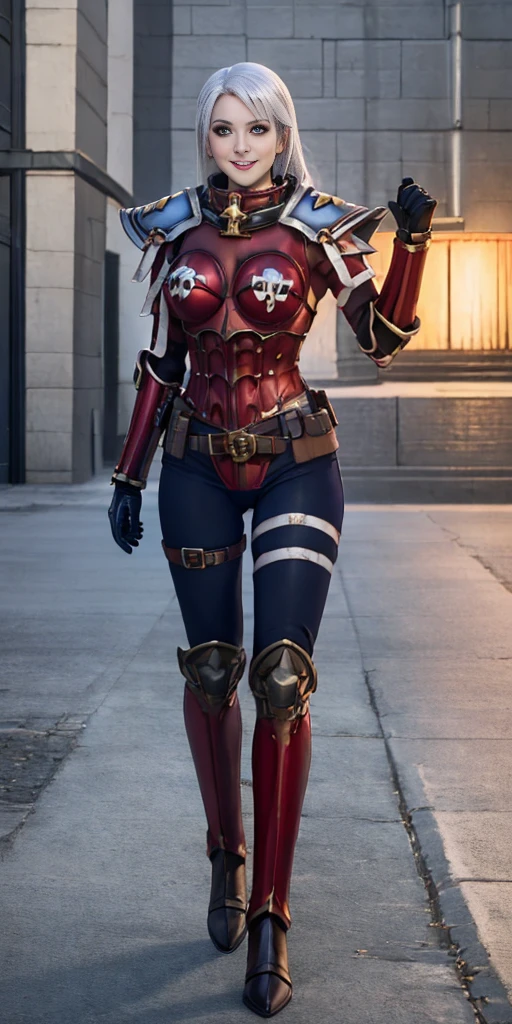 (masterpiece, best quality, 4k, 1girlsolo, 1MILF, mmplatz, smile, red cheeks, plain background:1.2) perfect face, perfect lighting, mature whsororitas with gloves red gauntlets in her hands like Cammy White from Street Fighter, bob white hair, warhammer 40k power armor suit with loincloth, red eyes like rubies, full body RED armor, view from below, looking to the viewer, arms to the sides empty hands, RED military boots, silver skull ornament attached to crossing 2 belt wide hips, 2 long legs, Female Knight (Final Fantasy Tactics)