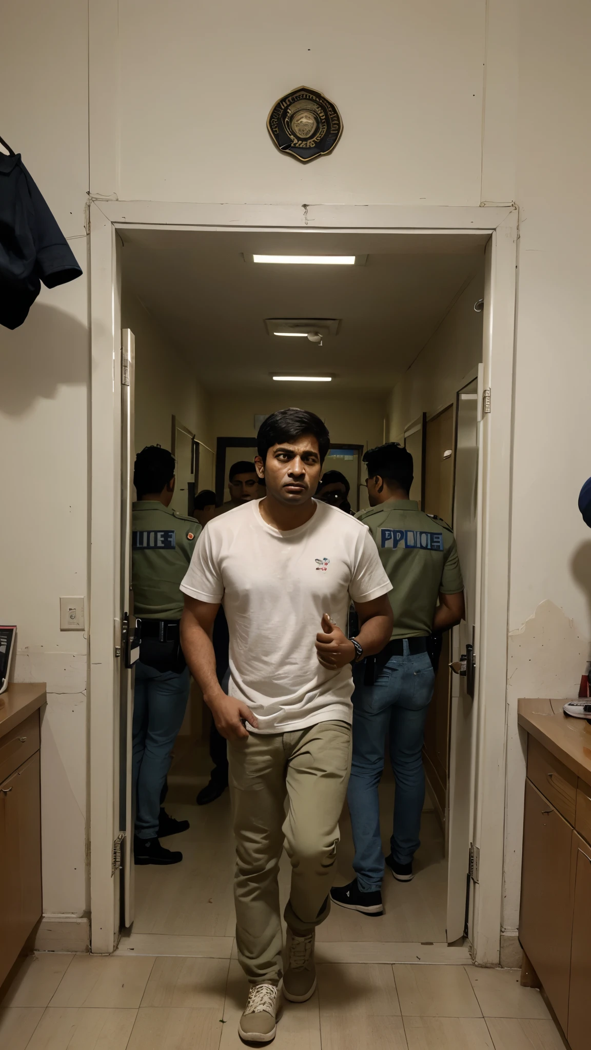 Indian acting class, entered the wrong room by mistake, white t-shirt and jeans, inside Indian police station, telling the police everything about the goons, Worms eye view, police officer in khaki uniform