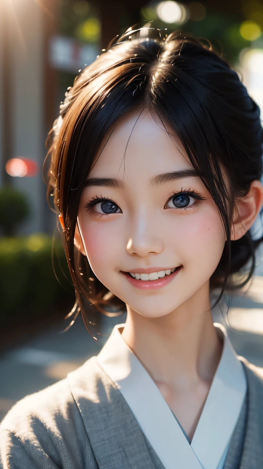 lens: 135mm f1.8, (highest quality),(RAW Photos), (Tabletop:1.1), (Beautiful and neat Japanese girl), Cute face, (Deeply chiseled face:0.7), (freckles:0.4), dappled sunlight, Dramatic lighting, (Japanese School Uniform), (On campus), shy, (Close-up shot:1.2), (smile),, (Sparkling eyes)、(sunlight)