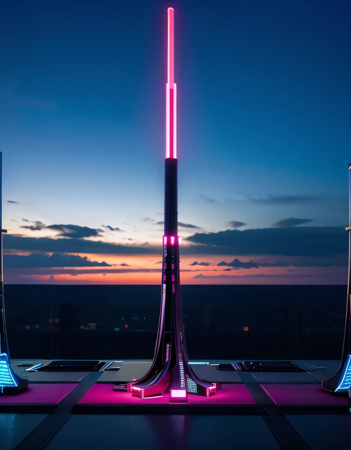 Skyscraper rooftop lunch dining cyberpunk night view neon lights big city top quality masterpiece ultra high definition