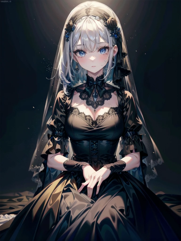 full body shot, sickly ghost girl, black dress, face veil, mansion, hall, absurdres, RAW photo, extremely delicate and beautiful, masterpiece, Best Quality, ultra high resolution, 32k, hyperrealistic, ultra-detailed description, pale skin, 20 years old, detailed beautiful face and eyes, tearful mole, earring, Colossal tits, short medium wavy hair,