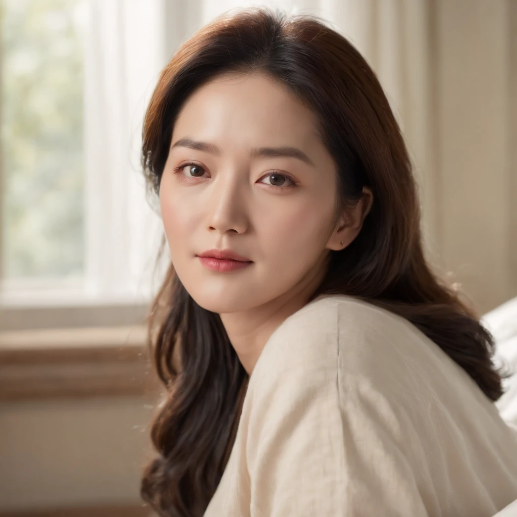 (best quality,4k,8k,highres,masterpiece:1.2),ultra-detailed,(realistic,photorealistic,photo-realistic:1.37),Photograph,selfie face of Lee Young-ae, during her sleep on bed,beautifully lit room,peaceful atmosphere,soft and natural colors,comfortable bedding,thoughtful composition,subtle depth of field,calm and serene expression,lush background,gentle shadows