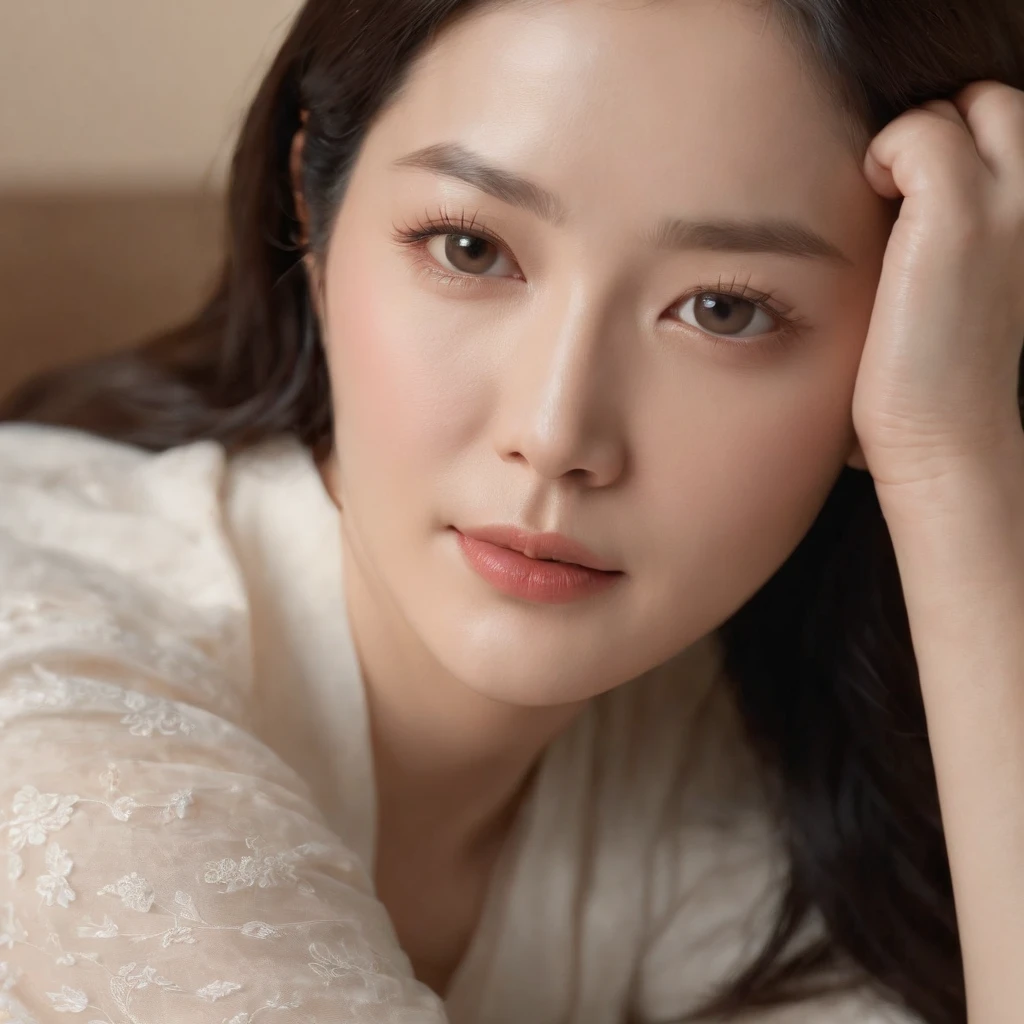 (best quality,4k,8k,highres,masterpiece:1.2),ultra-detailed,(realistic,photorealistic,photo-realistic:1.37),Photograph,selfie face of Lee Young-ae, during her sleep on bed,beautifully lit room,peaceful atmosphere,soft and natural colors,comfortable bedding,thoughtful composition,subtle depth of field,calm and serene expression,lush background,gentle shadows