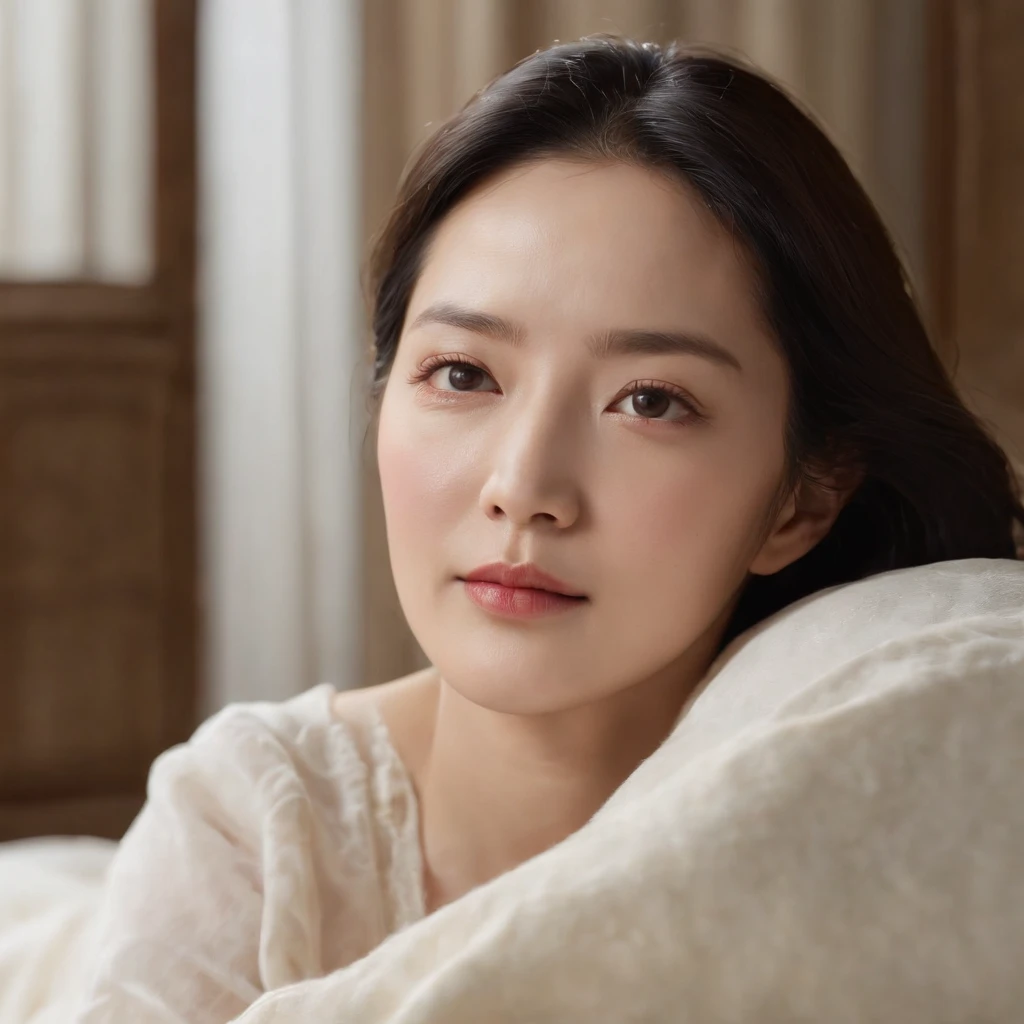 (best quality,4k,8k,highres,masterpiece:1.2),ultra-detailed,(realistic,photorealistic,photo-realistic:1.37),Photograph,selfie face of Lee Young-ae, during her sleep on bed,beautifully lit room,peaceful atmosphere,soft and natural colors,comfortable bedding,thoughtful composition,subtle depth of field,calm and serene expression,lush background,gentle shadows