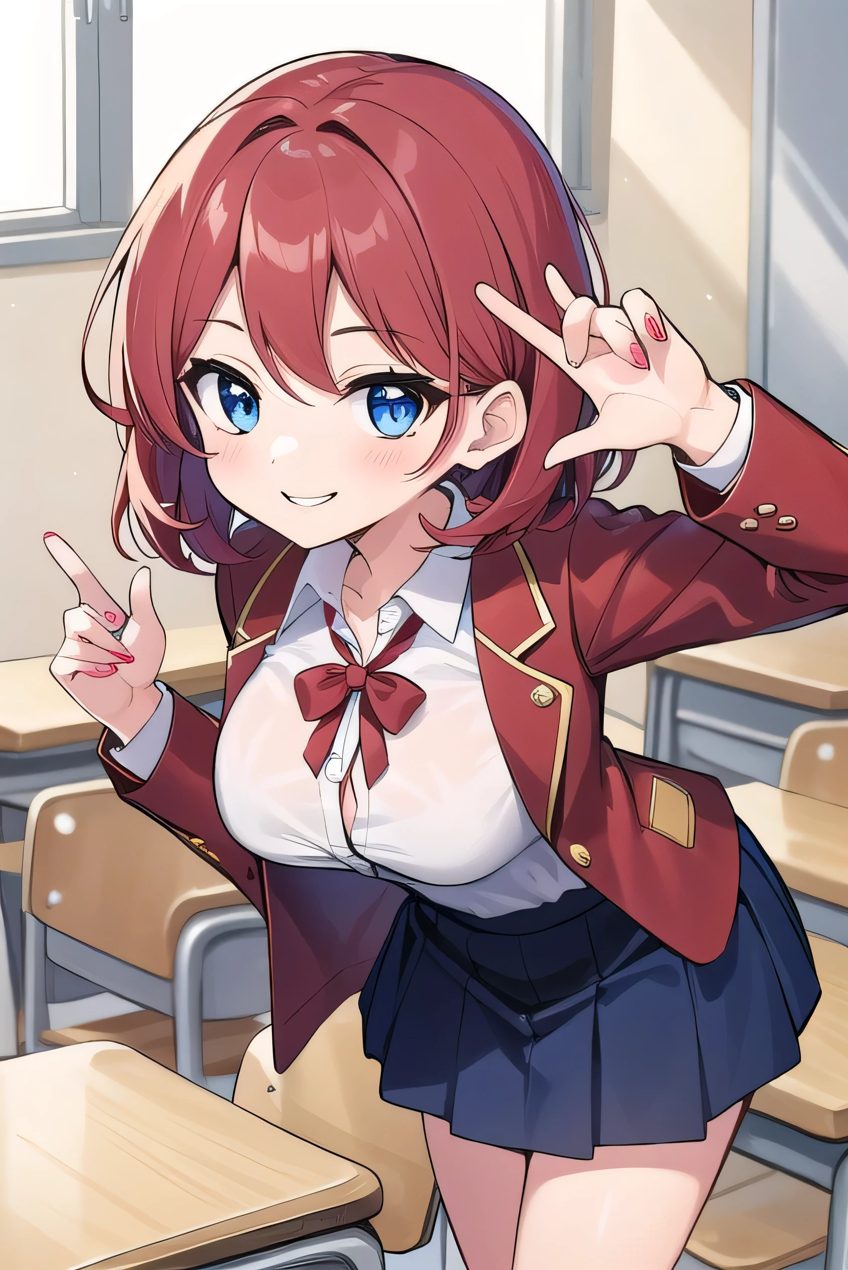 Big breasts, red hair, blue eyes, droopy eyes, red jacket, long sleeves, navy skirt, elementary school student, super big breasts, (medium hair: 1), baggy clothes, elementary school student, young face, short height, 10 years old, old, shy Agari, smiling a little, trying to unbutton his shirt ，white shirt, soft hair，straight hair