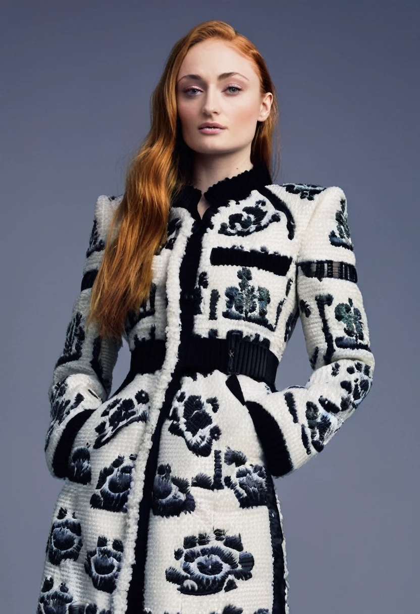 Portrait Photography of ((Sophie Turner)) female model, professional photoshoot, classic haute couture:0.7, glitch aesthetic:0.3, haute couture , torso shot, medium shot, glamour shot, by Chanel winter collection, high fashion creator, day light, fashion photo shoot light