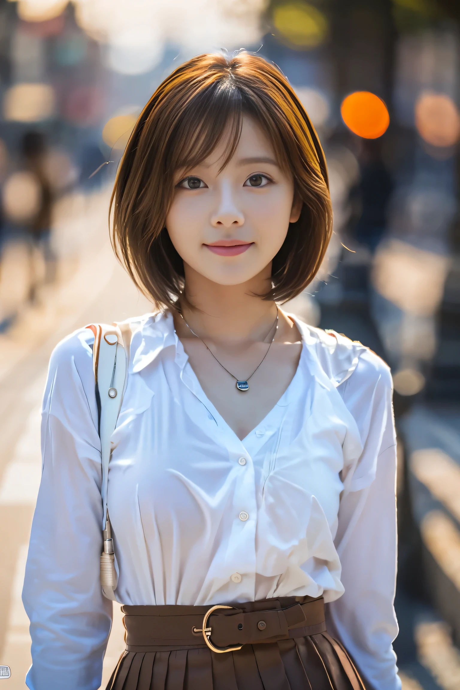 (1. Female), (The best quality at its best:1.4), (Super detailed), (Very detailed CG unified 16k), Beautiful woman with perfect figure: 1.4, Sharp focus: 1.2, Very detailed, High-quality RAW color photos, Professional photography, Great face and eyes, cosmetics, (Amazingly beautiful girl), ((Asuka)), ((shirt, Pleated mini skirt)), Are standing, Sexy posture，(Stylish cityscape, Dawn, Dawn:1.3), (View from below), Realistic movie faces, Wide zoomed out view of head to foot length, Full body long view, Realistic, ((Realistic natural orange red hairstyle, Realistic blue eyes)), ( Short Bob Hair:1.5), (necklace:1.5)、, Very beautiful face, Perfect model beauty, Mouth swelling, Highly detailed face and skin texture, Fine grain, double eyelid, Medium chest, smile, Crack, west, (masterpiece), highest quality, High resolution, Very detailed, Blurred Background, Depth of written boundary, Cinema Lighting, Great legs, , Clear, well-maintained skin, (((Women make up the majority of the photo)))