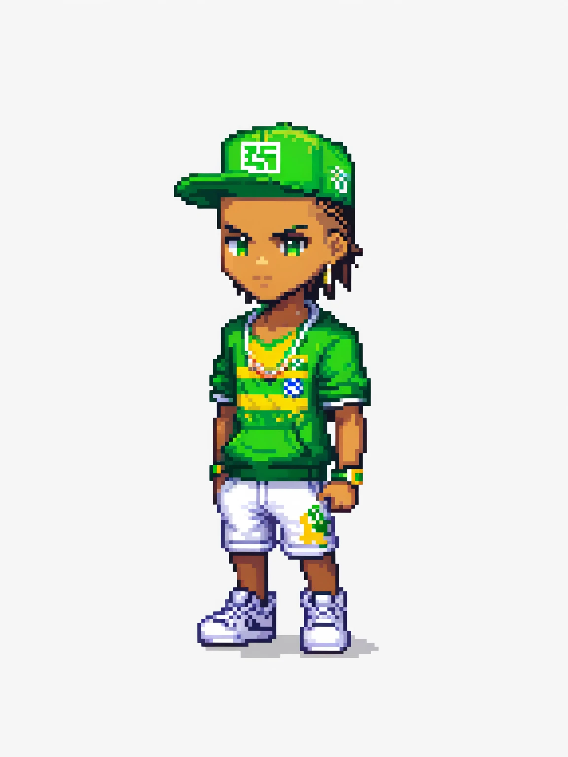 pixel art, hiphop brasil, character de jogo adulto, color white, roupa white, simple white background, game icon, 64 bit style