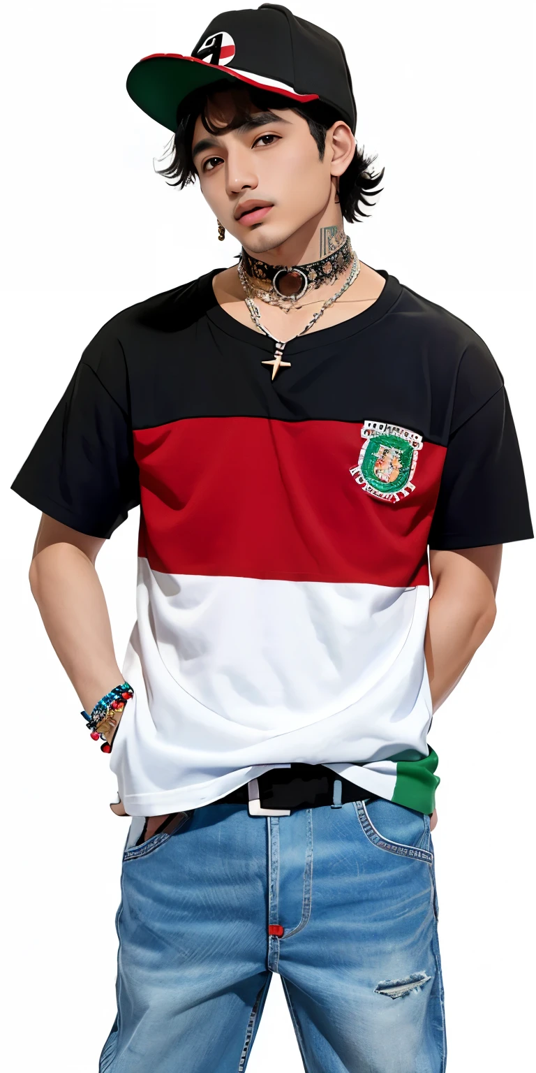 Chico joven, mexicano, ojos rasgados, collar de cochas, pulsera de bandera bisexual, labios rojizos, ropa blanca, cholo pants, gorra, logo de pokemon, pinta de cholo, joven delgado.