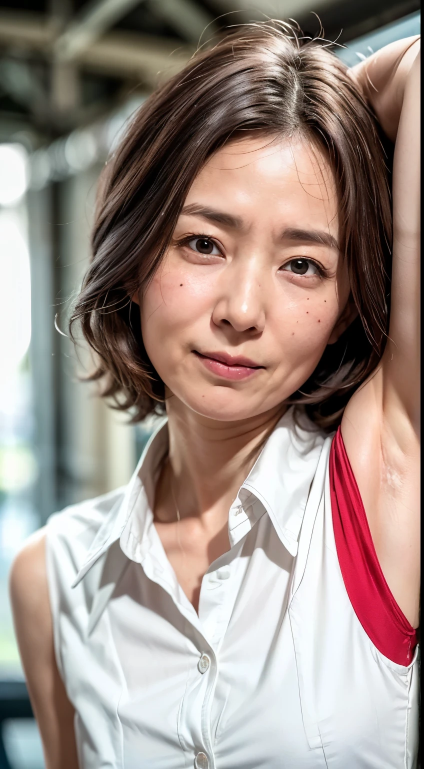 (Realistic:1.3、Ultra HD、Ultra-high resolution、8k、Japanese office lady、At work、White collared shirt、Sleep on your back)、((Looking at the camera:1.8))、(Extremely realistic skin texture:1.4)、(Realistic:1.3)、short hair、(Embarrassed expression:1.5)、(blonde:1.1)、(40-year-old woman、Mature Woman)、Ponytail hairstyle、(Lift your left arm and show your armpit:1.3)、(Face close-up:1.4)、(Shooting from the side:1.3)