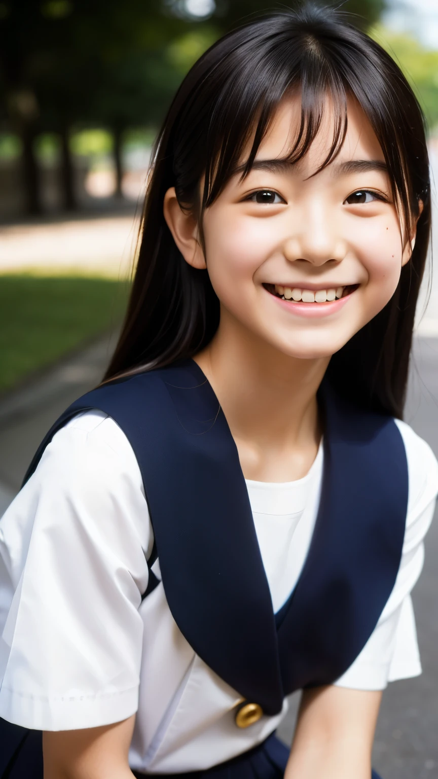 lens: 135mm f1.8, (highest quality),(RAW Photos), (Tabletop:1.1), (Beautiful 12 year old Japan girl), Cute face, (Deeply chiseled face:0.7), (freckles:0.4), dappled sunlight, Dramatic lighting, (Japanese School Uniform), (On campus), shy, (Close-up shot:1.2), (smile),, (Sparkling eyes)、(sunlight)