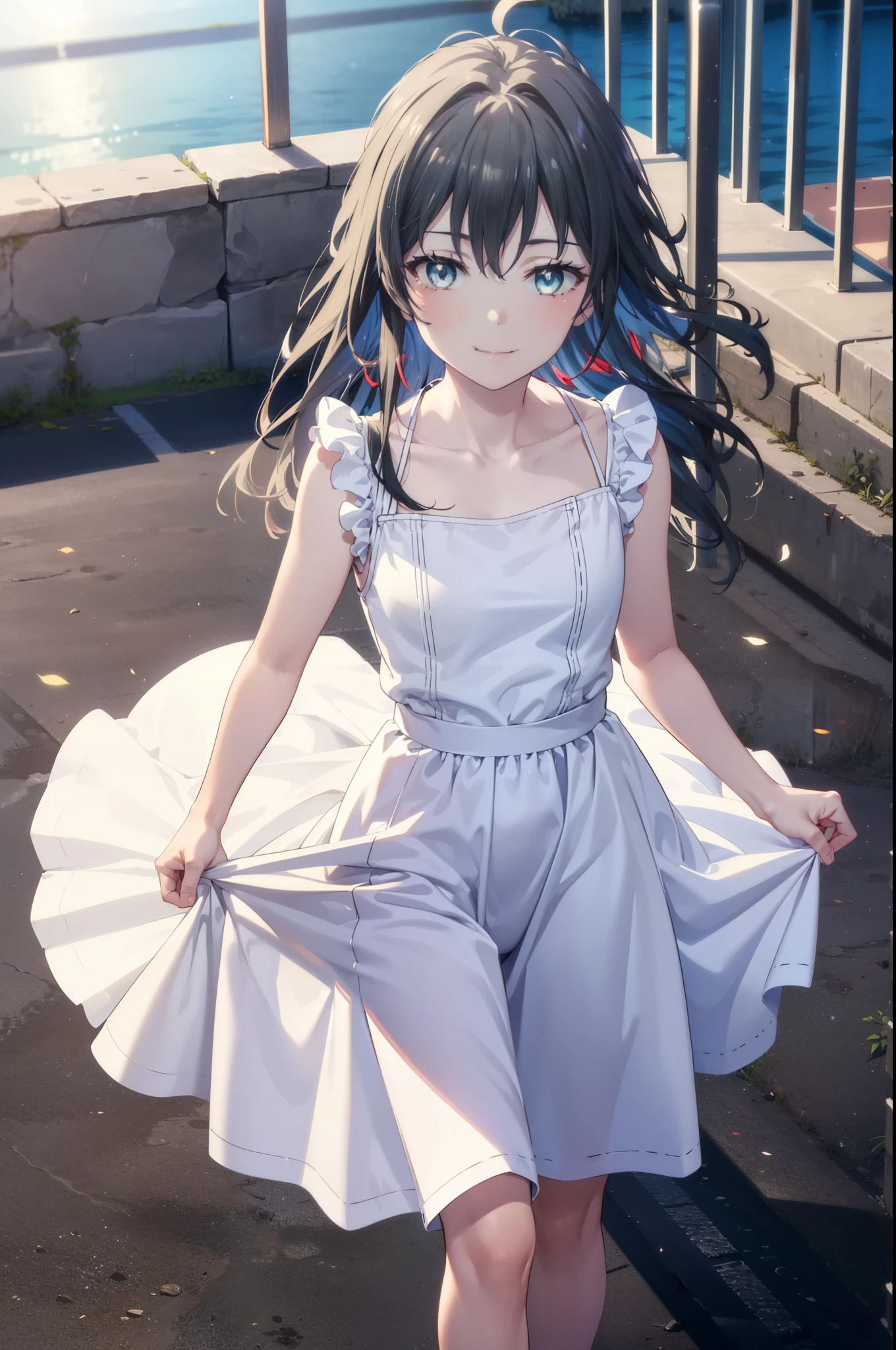 yukinoyukinoshita, Yukino yukinoshita, Black Hair, blue eyes, Long Hair,smile, Small breasts,happy smile, smile, Close your mouth,
, Sleeveless white dress,White long skirt,Cute Sandals,walking,Real Summer,Daytime,sunny,whole bodyがイラストの中に入っていくように,
break outdoors ,city,Building district,Coastal Road　　　　　　　　　　　　　　　break looking at viewer, whole body,
break (masterpiece:1.2), highest quality, High resolution, unity 8k wallpaper, (shape:0.8), (Beautiful and beautiful eyes:1.6), Highly detailed face, Perfect lighting, Extremely detailed CG, (Perfect hands, Perfect Anatomy),