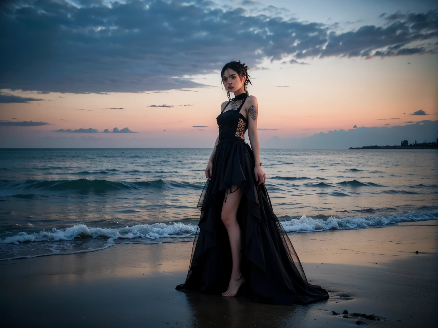 minimum, aesthetic, fantasy, in sea, 1 girl, Black Gothic_punk dress, masterpiece, best quality, RAW Photos, Background with fine texture