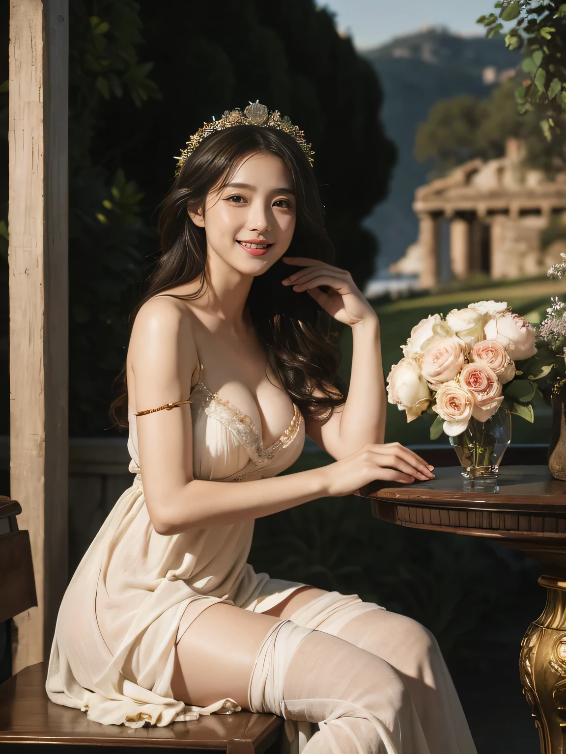 Giorgione painting style,Arguments of two female Philosophe,math、astronomical machine、astronaut、roses in vase、fruits、Cute trinkets、smile、ancient greek costume、Background is a forest lake at night 、Clothes that stretch your shoulders、A big smile、beautiful bare skin、A detailed representation of the seducing woman throughout her body.full body portrait, Ancient Roman ruins, Poussin-style landscape at night, A smile, , Sweet and seductive appearance.、Caravaggio's paintings、Chiaroscuro of Caravaggio、Hair disheveled in the wind, Two women frolicking, Cute smile, Expression of ecstasy, A sexy, Erotic
Negat