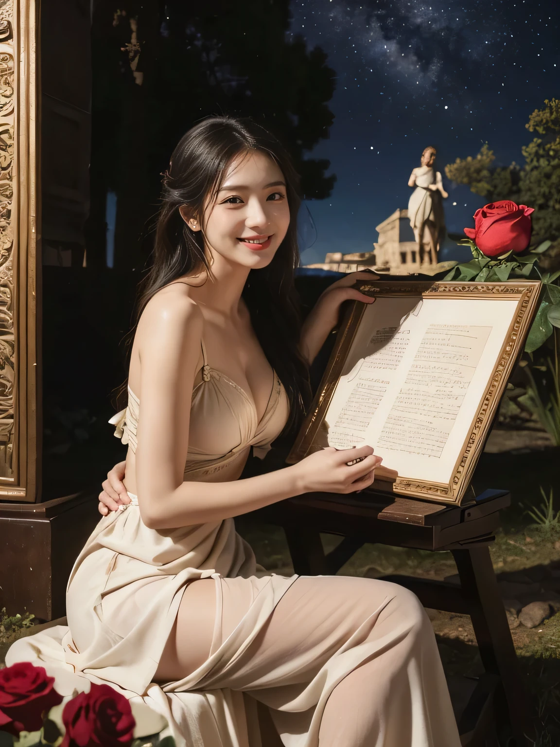  Giorgione painting style,Arguments of two female Philosophe,math、astronomical machine、astronaut、roses in vase、fruits、Cute trinkets、smile、ancient greek costume、Background is a forest lake at night 、Clothes that stretch your shoulders、A big smile、beautiful bare skin、A detailed representation of the seducing woman throughout her body.full body portrait, Ancient Roman ruins, Poussin-style landscape at night, A smile, , Sweet and seductive appearance.、Caravaggio's paintings、Chiaroscuro of Caravaggio、Hair disheveled in the wind, Two women frolicking, Cute smile, Expression of ecstasy, A sexy, Erotic
Negat