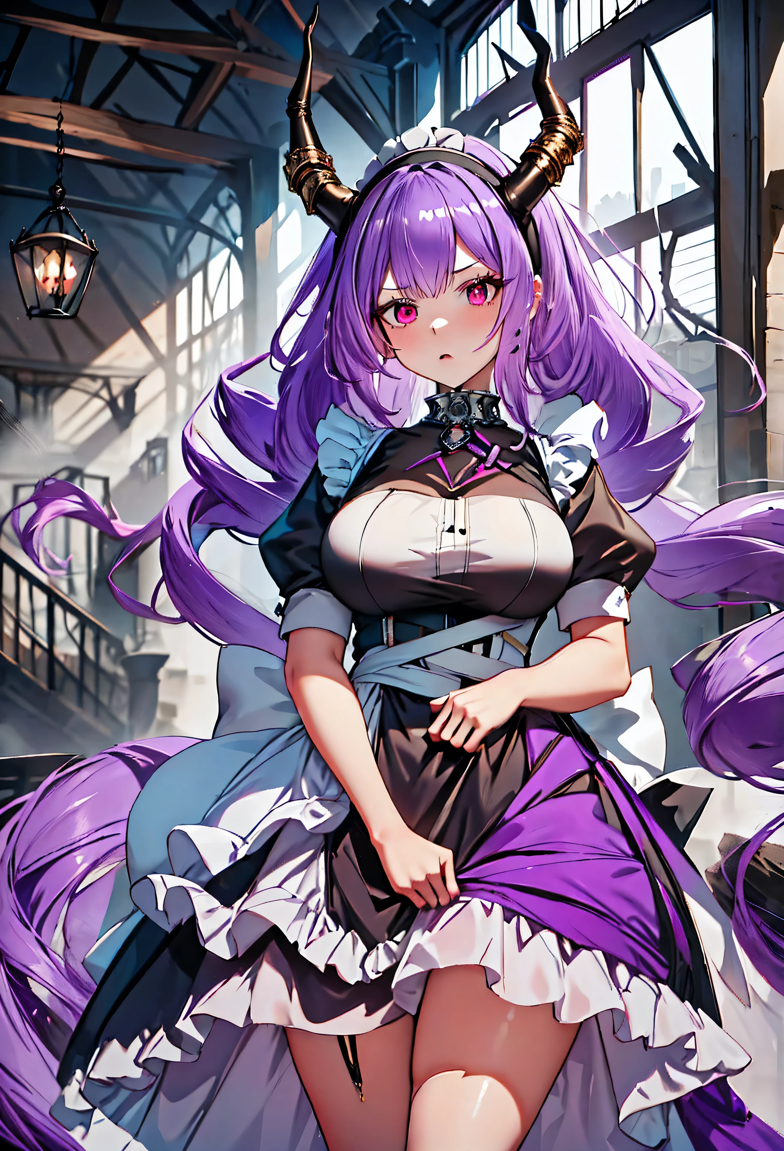 Typhon| Ark Knight, dragon horns, dragon tail, very long hair, hairband, purple hair, red eyes, large breasts,  In a dark night, an eunectes_arknights stands alone, with her very long hair flowing down. She is wearing a hairband and her hair is purple. Her eyes are piercing red. The artwork is of the best quality, a masterpiece in high resolution. The eunectes_arknights is dressed as a maid, wearing a long maid dress that adds a touch of elegance to her appearance. She is 21 years old., Expressing anger, angry,