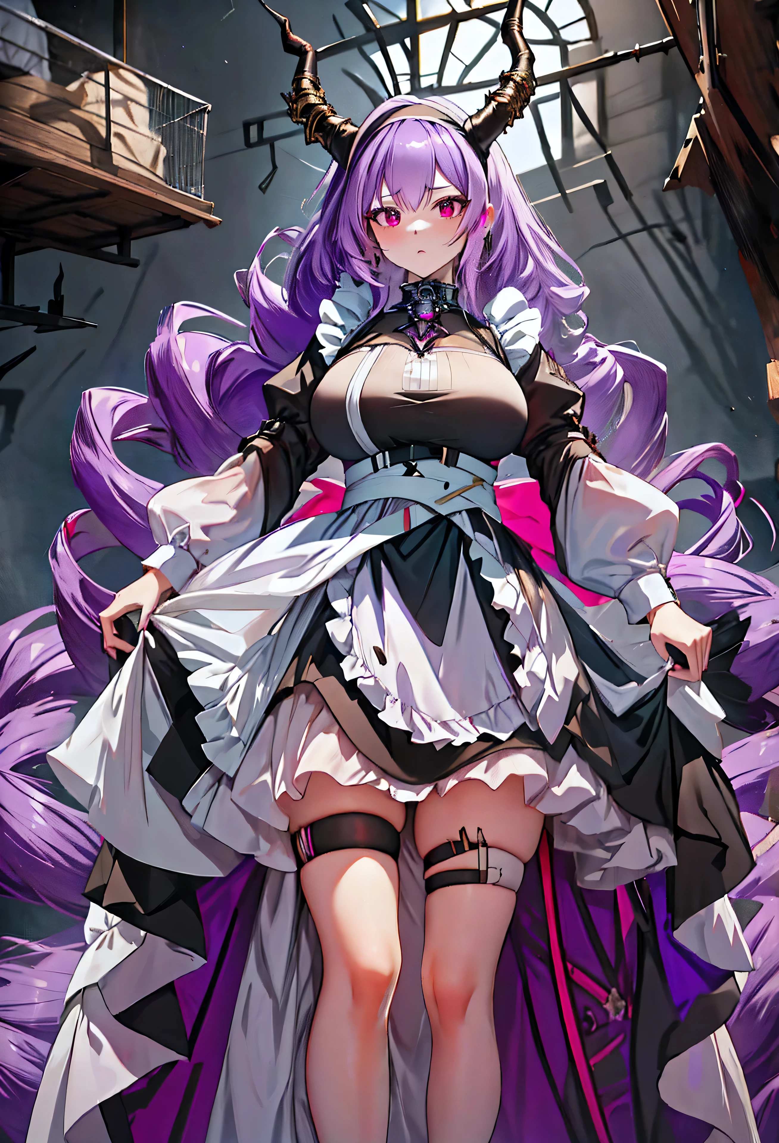 Typhon| Ark Knight, dragon horns, dragon tail, very long hair, hairband, purple hair, red eyes, large breasts,  In a dark night, an eunectes_arknights stands alone, with her very long hair flowing down. She is wearing a hairband and her hair is purple. Her eyes are piercing red. The artwork is of the best quality, a masterpiece in high resolution. The eunectes_arknights is dressed as a maid, wearing a long maid dress that adds a touch of elegance to her appearance. She is 21 years old., Expressing anger, angry,