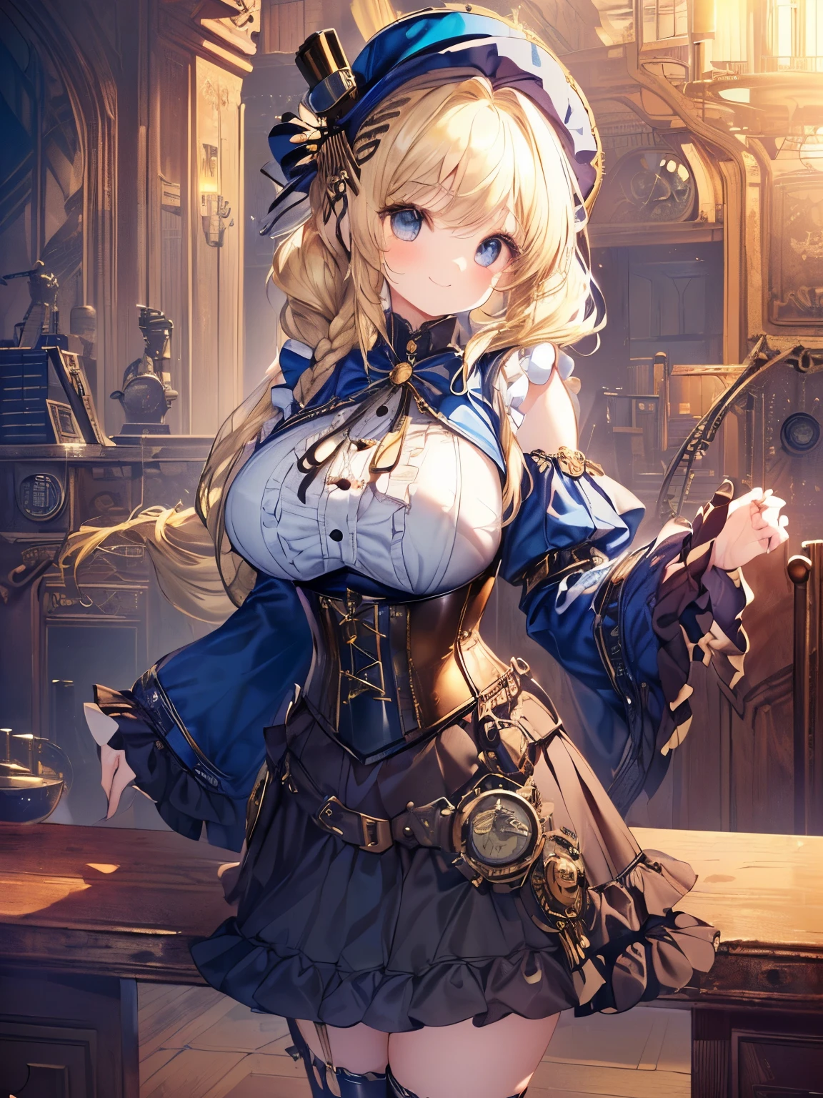 Masterpiece,Best Quality,(Super Detail),Perfect Lighting, Highly detailed CG,Super detailed,(Highly detailed eyes,Very cute face,Highly detailed face:1.3),Beautiful Anime Girl,(Solo Girl),(Super huge boobs:1.4),(Sensual,Glamorous:1.4),(Blonde,Shoulder-length medium hair,Twin braids,Let your hair hang forward:1.5),(Big light blue eyes),(Very happy smile,Open your mouth wide:1.3),break,(steampunk costume,White ruffled blouse,Julietta Sleeve,Leather corset,Navy tiered skirt,silk hat:1.5),Lace thigh-high socks,Steampunk Background,Steampunk City,Huge clock tower,Are standing,Dynamic Pose,Cowboy Shot