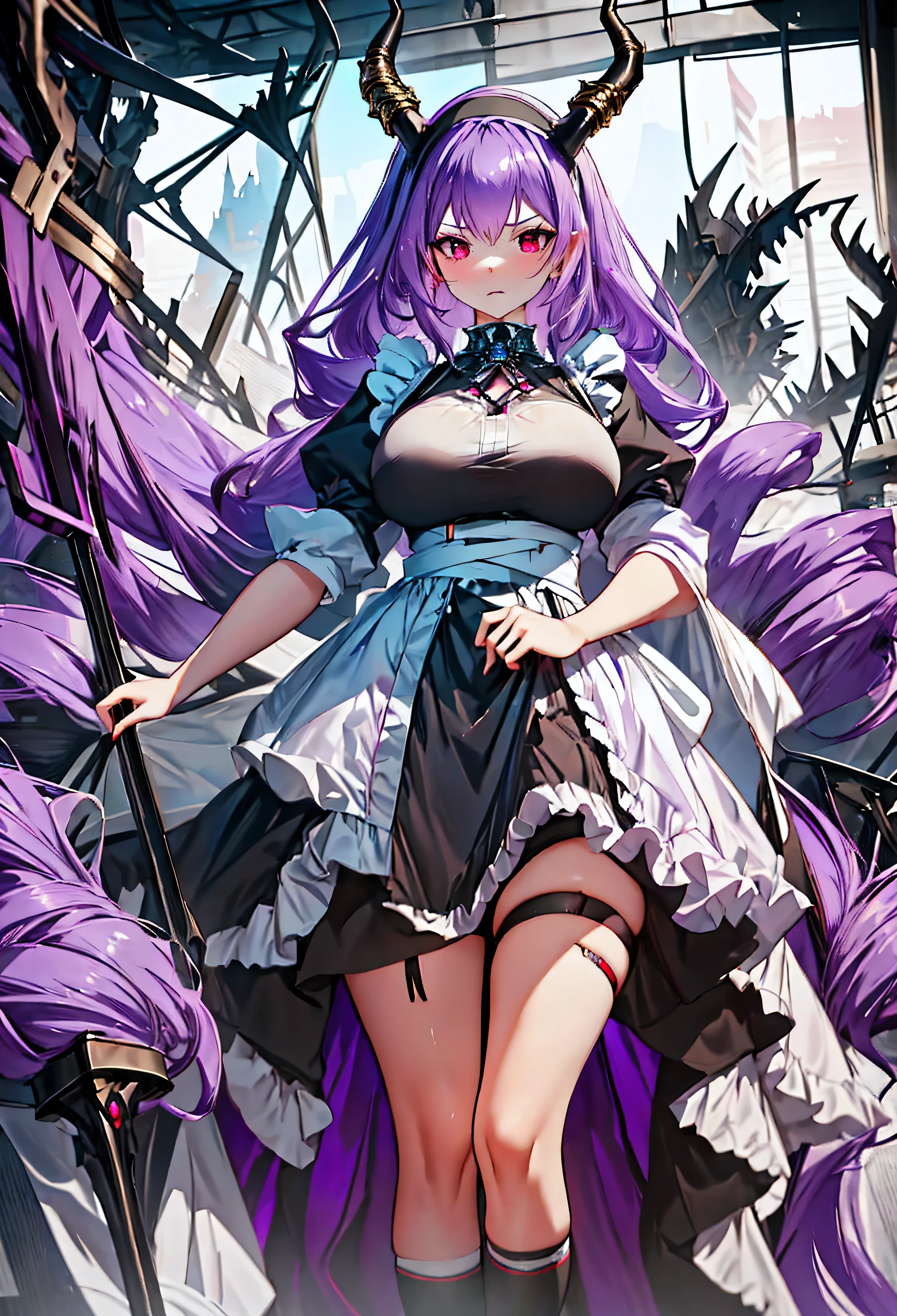 Typhon| Ark Knight, dragon horns, dragon tail, very long hair, hairband, purple hair, red eyes, large breasts, In a dark night, an eunectes_arknights stands alone, with her very long hair flowing down. She is wearing a hairband and her hair is purple. Her eyes are piercing red. The artwork is of the best quality, a masterpiece in high resolution. The eunectes_arknights is dressed as a maid, wearing a long maid dress that adds a touch of elegance to her appearance. She is 21 years old., Expressing anger, angry,