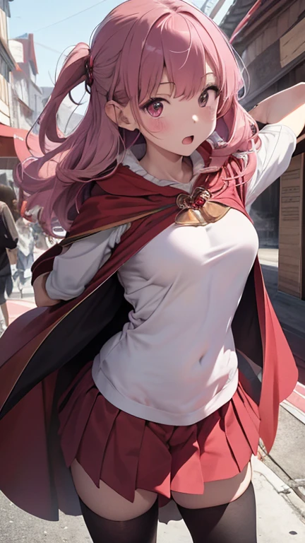 masterpiece、highest quality、Very detailed、Photograph the upper body、1 female、(Put your arms behind your back:1.4)、Are standing、Turn your body forward、View your viewers、(red-cloak)、break,blush、shy、Pink Hair、Open your mouth、In town、Big Breasts、