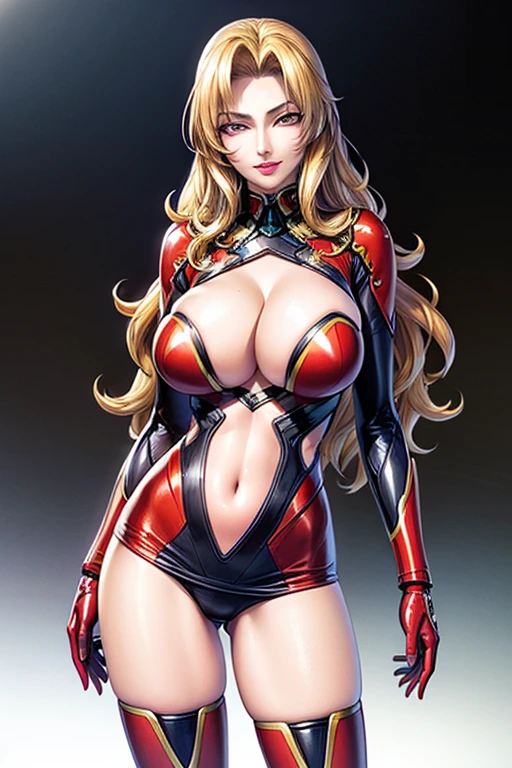 (masterpiece, best quality, ultra detailed, absurdres)1.5, 1girl, (sexy, beautiful woman, perfect face, perfect eyes, perfect female body)1.5, (AliciaViewstream, wavy hair, long hair, blonde hair, red eyes, mature female, milf, v-shaped eyebrows, red lips, extremely detailed clothes, smile, red elbow gloves, red thigh boots, red impossible clothes, ), space station should be very detailed,depth of fields。Create depth with atmospheric lighting,wide wide shot。Use atmospheric and volumetric lighting to enhance space station detail。illuminated by neon lights, textured colored background, Colourful, vibrant, cyber outfit, Futuristic, ((Award-winning ultra-realistic photos)),(Hyper-detailing),(Complicated details),(High resolution CGI artwork 8k)
