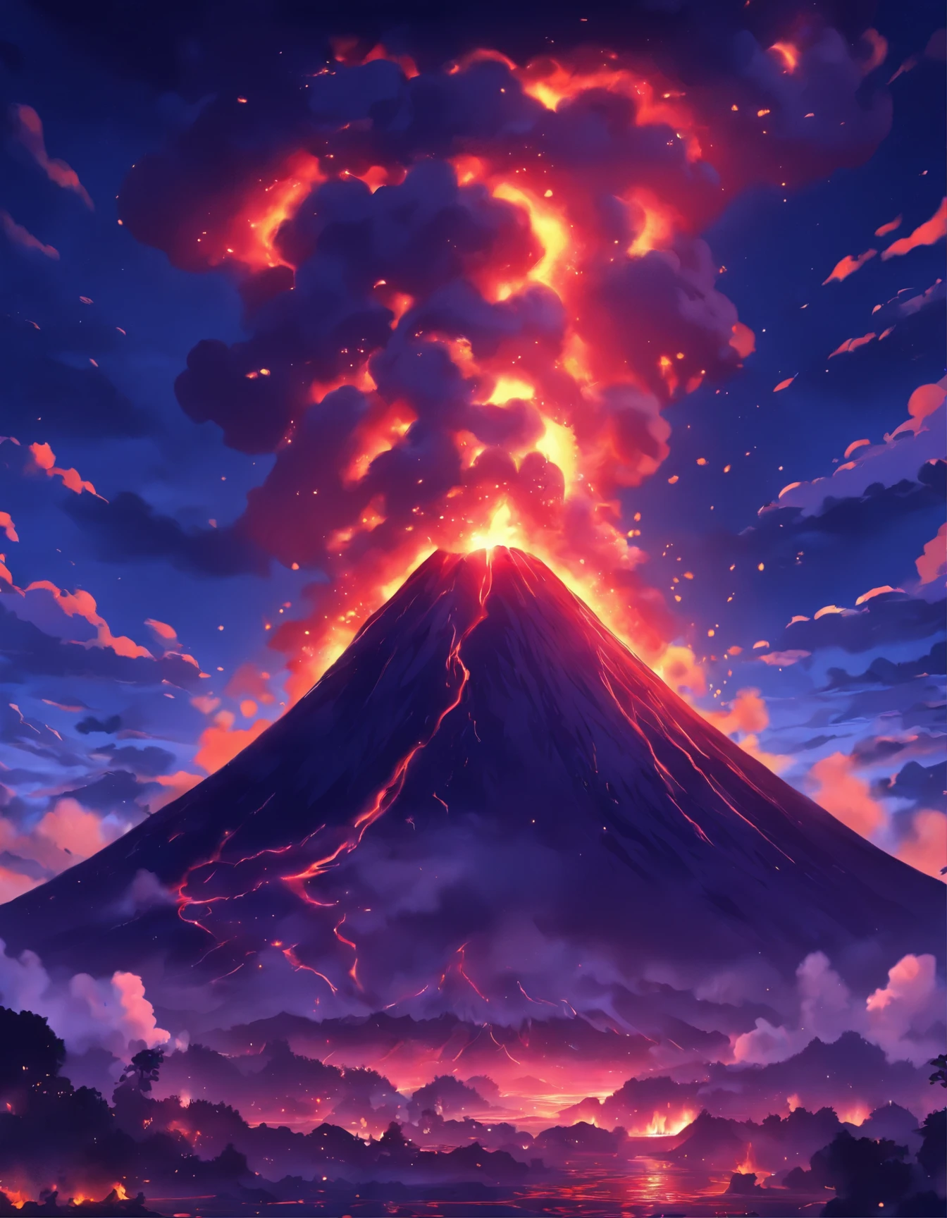Volcanic eruption at night.