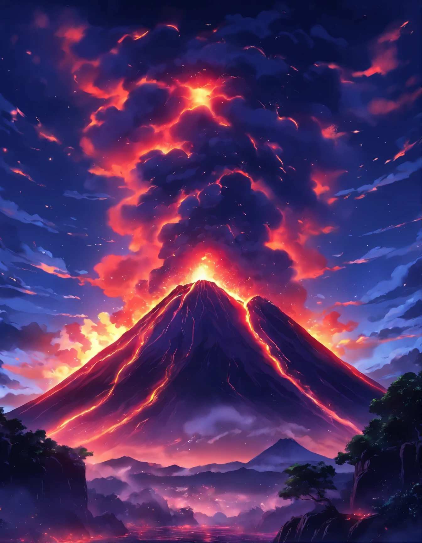 Volcanic eruption at night.