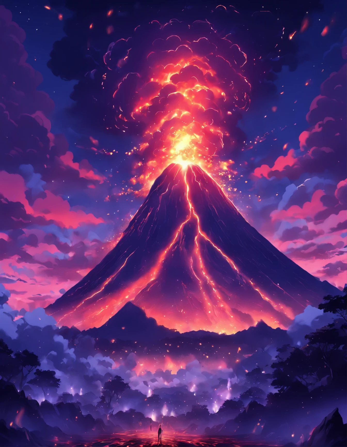 Volcanic eruption at night.