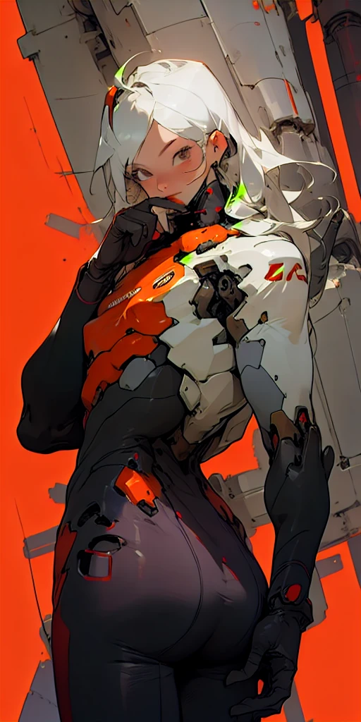 1girl,pureerosface_v1,black mecha suit, minimalism, bright red background, simple background, Fisheyes, masterpieces, top quality, best quality, official art, beautiful and aesthetic, animation, raise the butt,