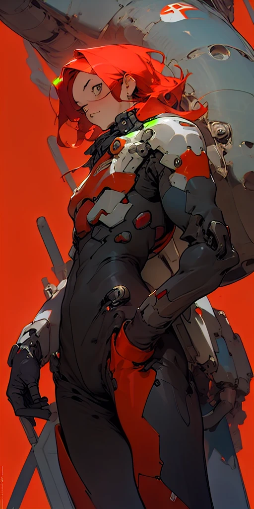 1girl,pureerosface_v1,black mecha suit, minimalism, bright red background, simple background, Fisheyes, masterpieces, top quality, best quality, official art, beautiful and aesthetic, animation, raise the butt,