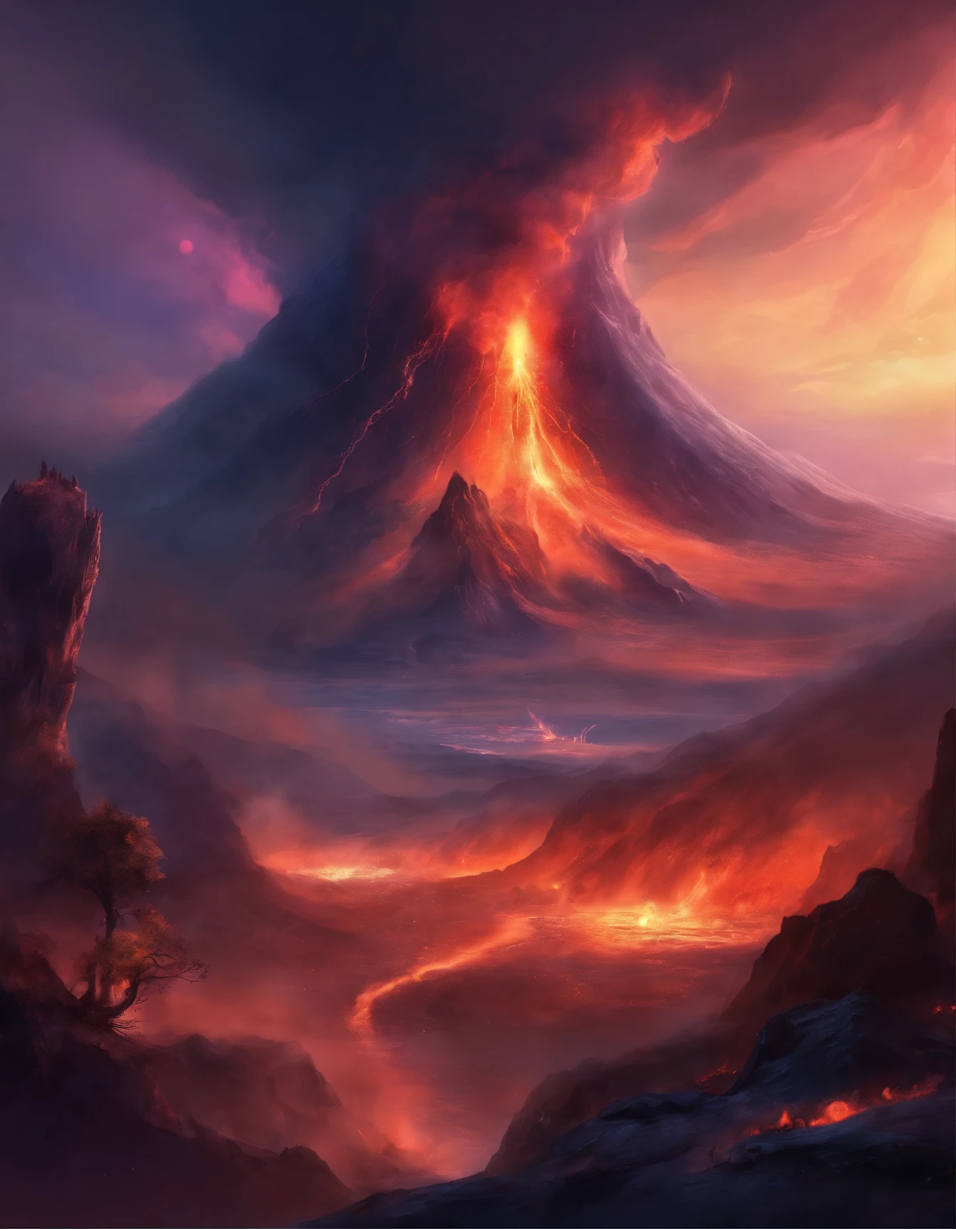 Volcanic eruption at night.