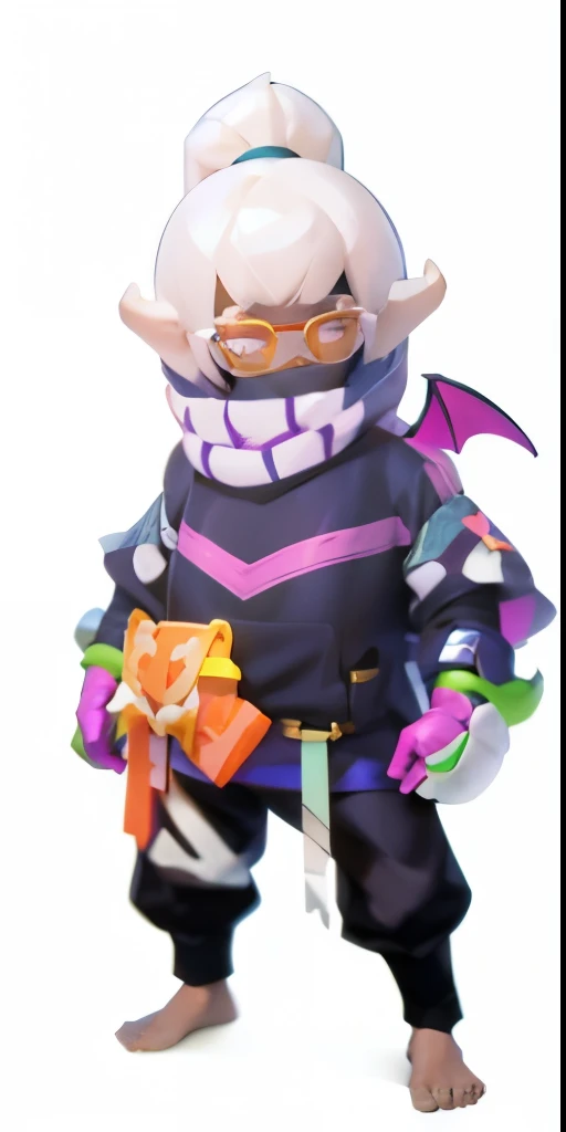 masterpiece,best quality,Brown skin,4k octan rendering, Display Rendering, Stylized 3D, man,White frame orange glasses,barefoot,Bat Wings,Purple gloves