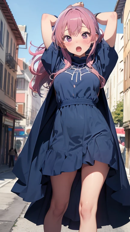 masterpiece、highest quality、Very detailed、Photograph the upper body、1 female、(Put your arms behind your back:1.4)、Are standing、Turn your body forward、View your viewers、(blue-cloak)、break,blush、shy、Pink Hair、Open your mouth、In town、Big Breasts、