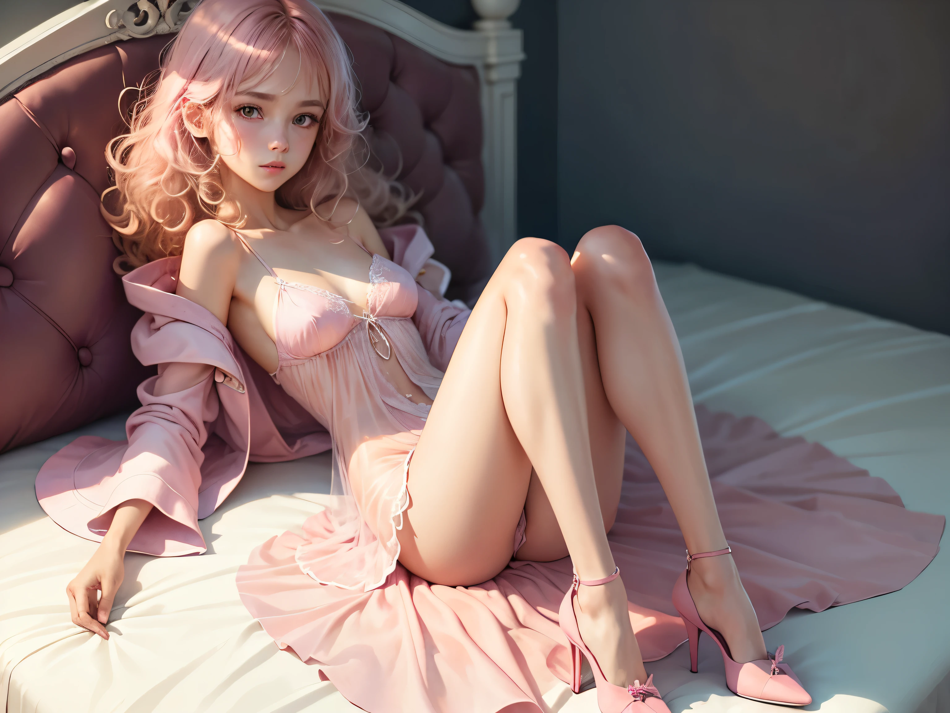 (Pieces fly),(highest quality:1.1),(Very detailed),Best illustrations,The finer details,(Portraits:1.1),(Watercolor)fluffy,1 female,alone,,Small breasts,Anorexic Thin Thighs,slim,(Very delicate and beautiful face),(Beautiful eyes in every detail),Pink thick lips,(Messy Hair),Soft and lazy,(Simple Background:1.2)Overall background color,Transparent parts,In 4K,Full Shot,Thin legs,Pink High Heels,See-through gown,Swimwear,The happi coat is open,Lying in bed,