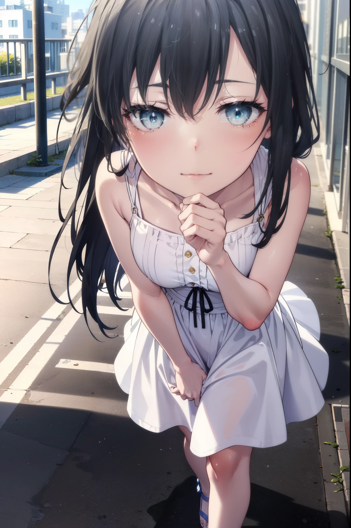 yukinoyukinoshita, Yukino yukinoshita, Black Hair, blue eyes, Long Hair,smile, Small breasts,happy smile, smile, Close your mouth,
, Sleeveless white dress,White long skirt,Cute Sandals,walking,Real Summer,Daytime,sunny,whole bodyがイラストの中に入っていくように,
break outdoors ,city,Building district,Coastal Road break looking at viewer, whole body,
break (masterpiece:1.2), highest quality, High resolution, unity 8k wallpaper, (shape:0.8), (Beautiful and beautiful eyes:1.6), Highly detailed face, Perfect lighting, Extremely detailed CG, (Perfect hands, Perfect Anatomy),