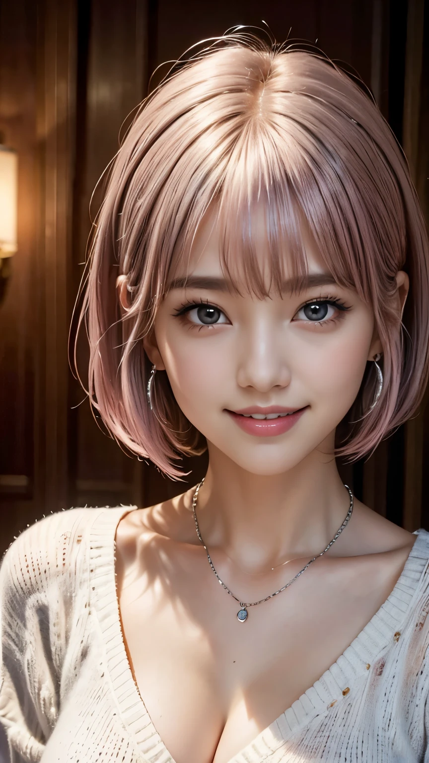(8k, highest quality, masterpiece:1,2), (Realistic, Photorealistic:1.37), Super Detail, One Girl,), (Very detailedな), (Beautiful and detailed eyes), (highest quality), (Very detailed ), (masterpiece), (Detailed face),20-year-old, ,1 girl, ((Pink Hair,Very short hair)), Dressed, Perfect lighting, (White sweater:1.2), (Silver earrings:1.1), (Silver Necklace:1.1) Cut the left bangs, Pin on right ear, smile, Teeth are visible, Eyes staring at the camera, put one's right hand in one's coat pocket, Place your left hand on your hip, Put your right foot forward, The left leg is bent, Urban background, Dark colors, Contrast, Evening Light, Light from the left, Right Shadow, Coat and tights texture,head shot