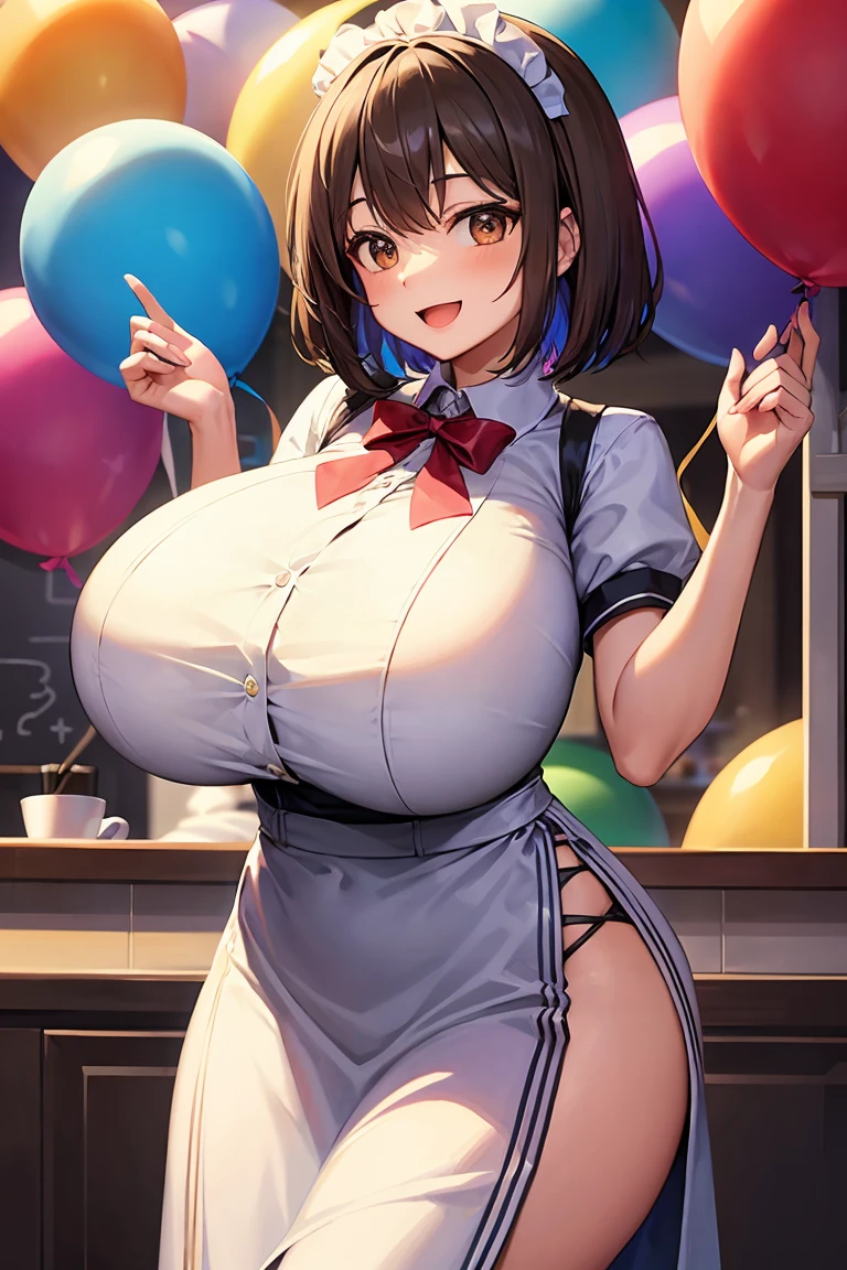 smile, (huge breast:1.2), housewife, curvy body, The character with brown short hair and light brown eyes, dressed in her maid uniform, excitedly decorating the café for a festive event, hanging up colorful streamers and balloons with a lively expression.