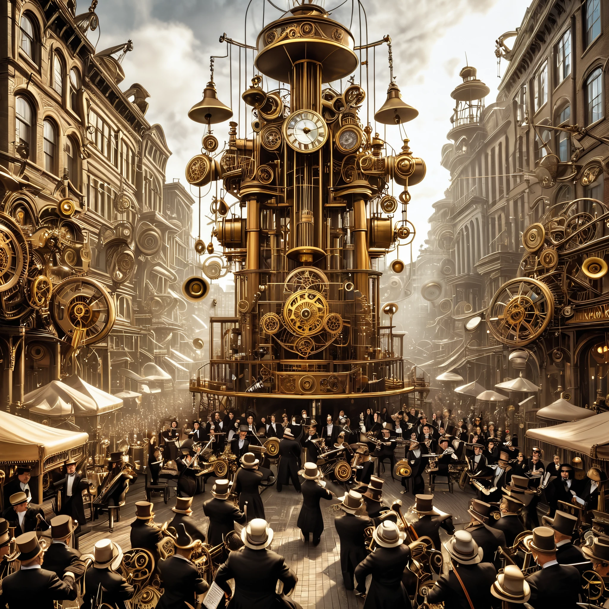 A grand clockwork orchestra performs amidst a steampunk cityscape, each cog and gear in perfect harmony with the rhythms of time. From the tick-tock of pendulums to the melodic chimes of bells, the symphony of the city echoes through the streets. photoreal