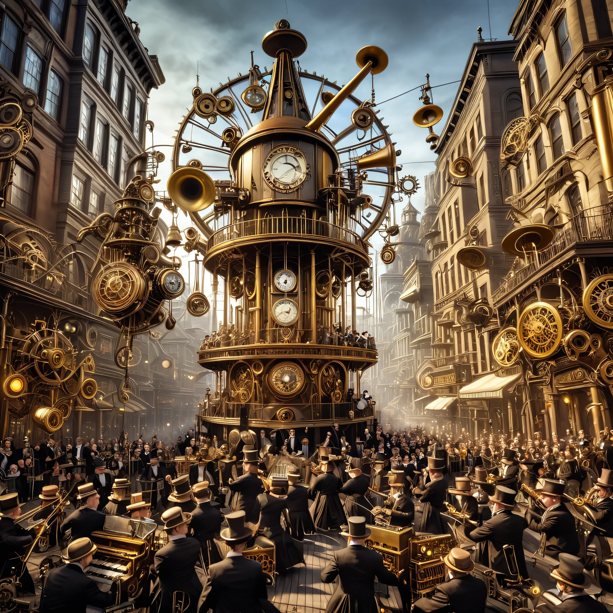 A grand clockwork orchestra performs amidst a steampunk cityscape, each cog and gear in perfect harmony with the rhythms of time. From the tick-tock of pendulums to the melodic chimes of bells, the symphony of the city echoes through the streets. photoreal