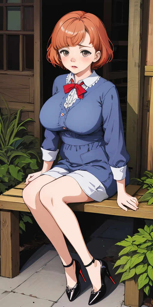 very detailed illustration, 1girl, big breasts, high res, high quality, masterpiece, looking at viewer, orange short hair, absurdness, ultra-detailed, anime illustration art of a cute girl sitting in park (FUNGER) hiding hands, blue high heels, feet together, sit on wooden bench, crying loud and clear, tears, red cheeks, redness