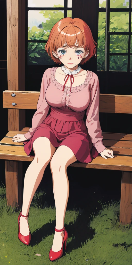 very detailed illustration, 1girl, big breasts, high res, high quality, masterpiece, looking at viewer, orange short hair, absurdness, ultra-detailed, anime illustration art of a cute girl sitting in park (FUNGER) hiding hands, blue high heels, feet together, sit on wooden bench, crying loud and clear, tears, red cheeks, redness