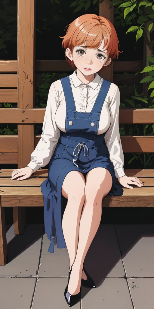 very detailed illustration, 1girl, big breasts, high res, high quality, masterpiece, looking at viewer, orange short hair, absurdness, ultra-detailed, anime illustration art of a cute girl sitting in park (FUNGER) hiding hands, blue high heels, feet together, sit on wooden bench, crying loud and clear, tears, red cheeks, redness