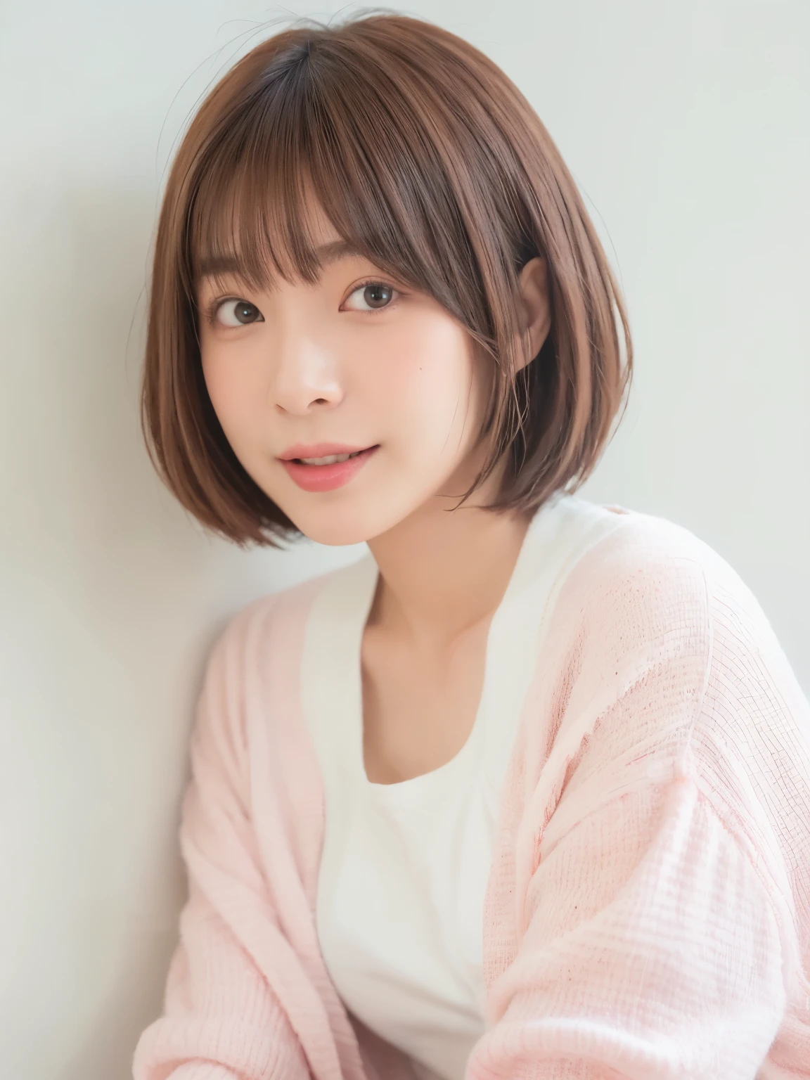 Stylish spring clothes、fluffy hair、smile、(背景にWhite wall、Light pink cardigan:1.4)、White wall、In front of a white door、Mr.々A pose、(窓のあるWhite wallの部屋)、((highest quality、8k、masterpiece:1.3))、Ultra-high resolution、(photoGenuineistic:1.4)、RAW Photos、Japanese,(Detailed aspect)、Genuine、Photographed in natural light、Highly detailed face and skin texture、Highly detailed lips、The correct state of the human body、Short Hair、Brown Hair、さまざまA pose、short hair、Shortcuts、Natural color lip、Pixie Cut、非常にShort Hair、profile、Look to the side