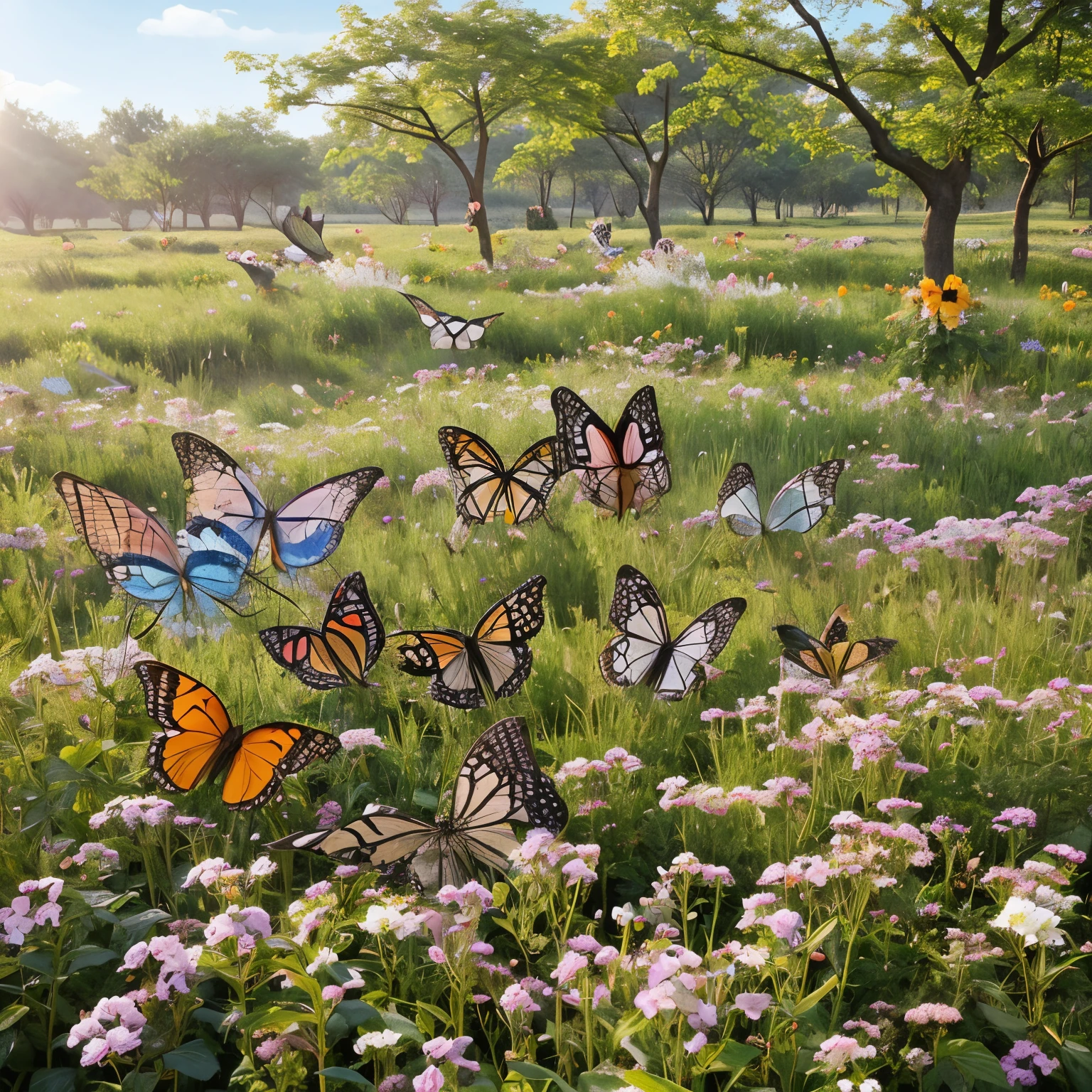 Crea una imagen donde aparezcan mariposas, libelulas, aves, plumas, lagartijas y abejas