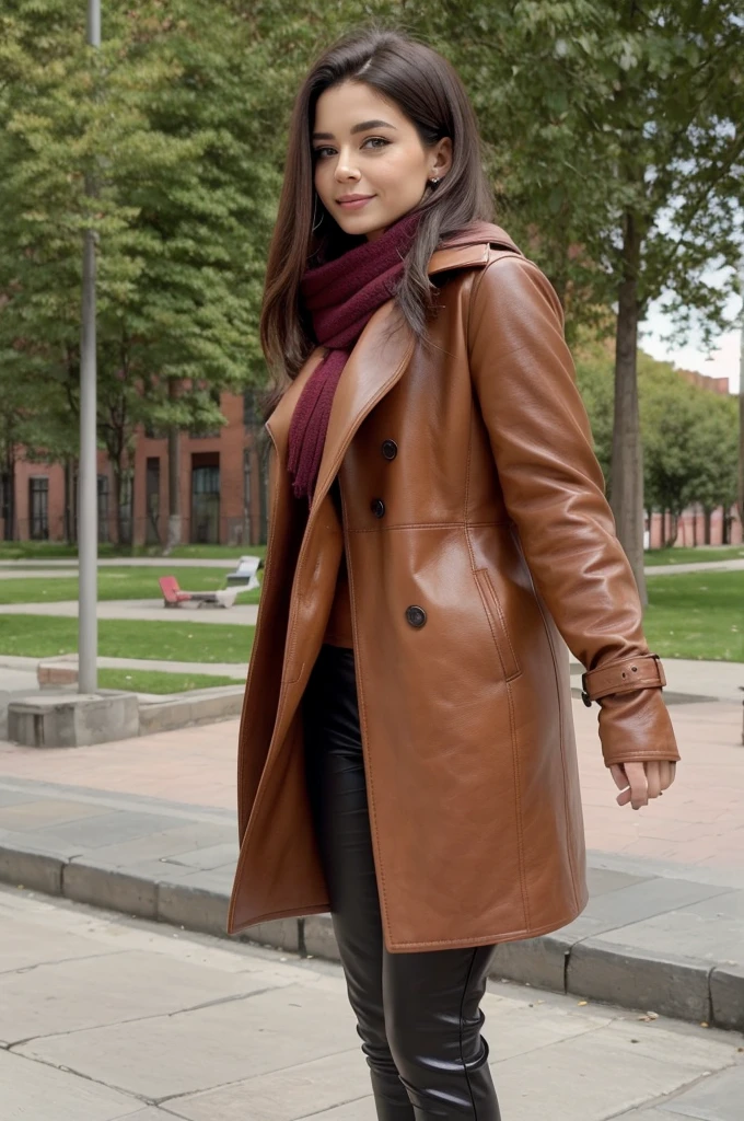 [Profile picture, a shoot taken from back] Editorial Photography 2000's style, a beautiful, gorgeous, elegant, classy spanish woman, she has straight brunette hair, and she has a beautiful winter outfit, a double breasted tan brown leather coat with skinny trousers, scarf, gloves and boots, also she's carrying a dark brown leather backpack. She's glad, joyful, cherful, she looks like a dream, she looks so radiant, splendid, amazing. She's at park on afternoon and she's possing for camera.
