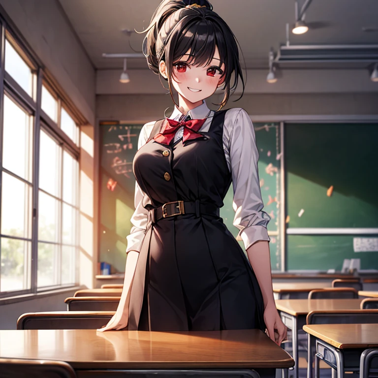 (masterpiece:1.4),, (highest quality:1.4),, Ultra-high resolution,, 8k, CG,, (Very delicate and beautiful:1.2),, , whole body,,from the front,, View your viewers,, , One Girl,, alone,, Robber Girl,, Mature Girls,, , cute, sweet, ,Blurred Background,,ponytail, ,, , 茶colorの目,, color々performance,, Red lips,, , Face blown by the wind,, Black Hair ,Big Breasts,((Brass band)),((classroom)),((Devilish smile))