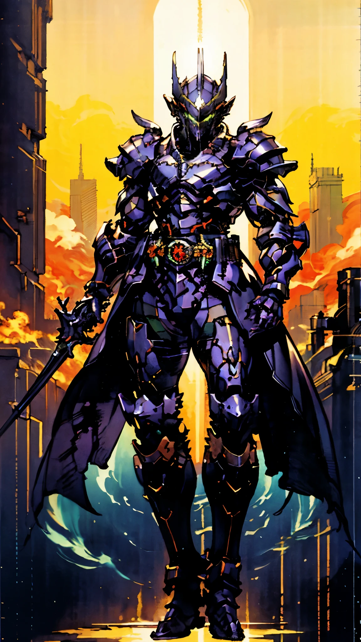 A man wearing a full-face helmet, a fantasy-style biomecha armored combat suit, green eyes, a composite layered chest armor, fully enclosed shoulder guards, matching arm and leg guards, the belt is adorned with dragon claw grasping orbs, primarily black with red accents, the design balances heavy with agility, a high-tech biological armor, (concept inspired by dragons, stand on the top of a skyscraper in a futuristic sci-fi city), this character embodies a finely crafted fantasy-surreal style armored hero in anime style, exquisite and mature manga art style, ((male:1.5, element, plasma, energy, the armor glows)), metallic, real texture material, dramatic, high definition, best quality, highres, ultra-detailed, ultra-fine painting, extremely delicate, professional, perfect body proportions, golden ratio, anatomically correct, symmetrical face, extremely detailed eyes and face, high quality eyes, creativity, RAW photo, UHD, 32k, Natural light, cinematic lighting, masterpiece-anatomy-perfect, masterpiece:1.5